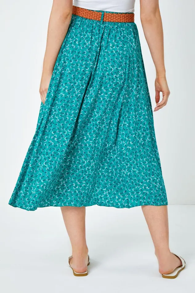 Women Green Ditsy Floral Print Belted Midi Skirt Roman Skirts