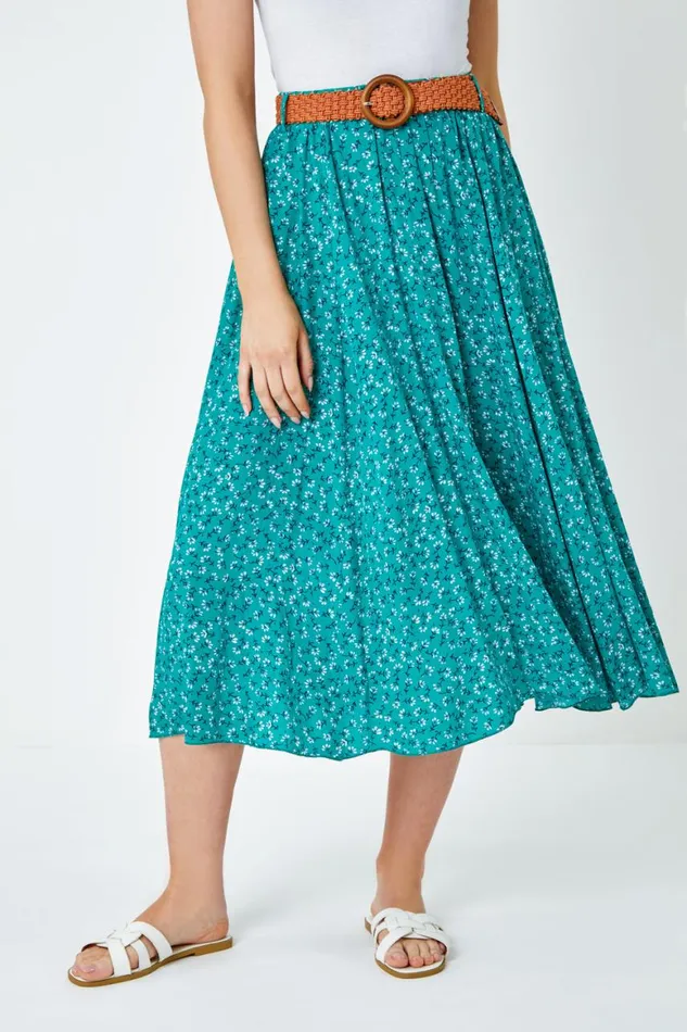 Women Green Ditsy Floral Print Belted Midi Skirt Roman Skirts
