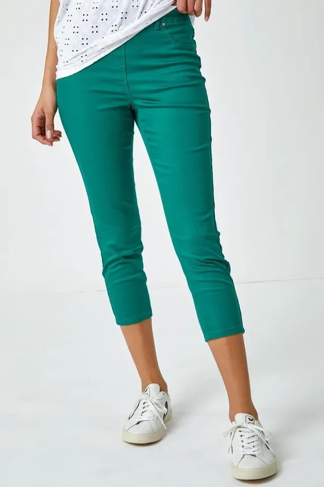Women Green Elastic Waist Cropped Denim Jegging Roman Trousers
