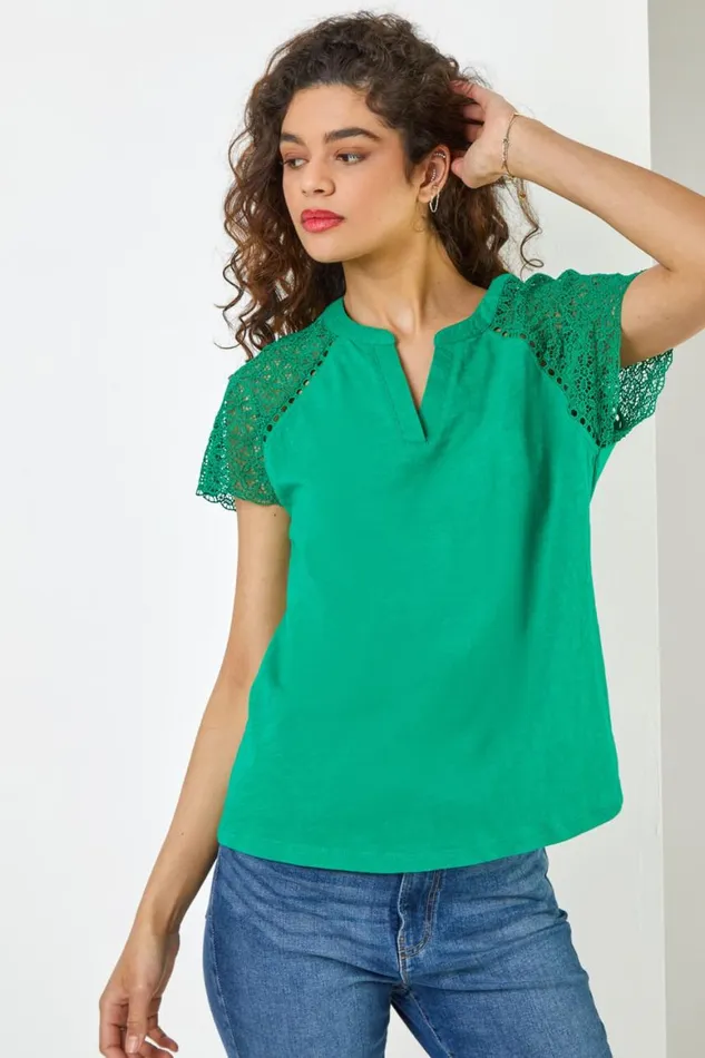 Women Green Embroidered Sleeve VNeck Jersey TShirt Roman Tops