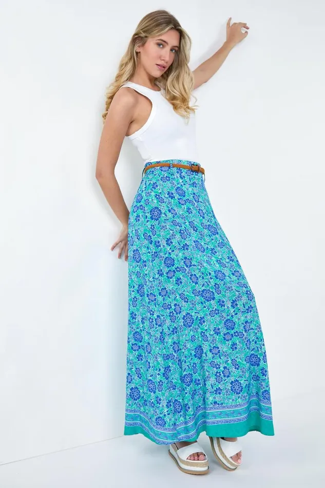 Women Green Floral Print Belted A Line Maxi Skirt Roman Skirts