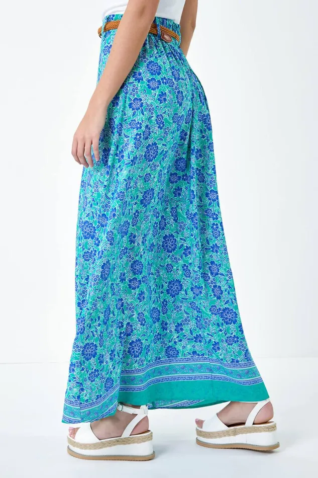 Women Green Floral Print Belted A Line Maxi Skirt Roman Skirts