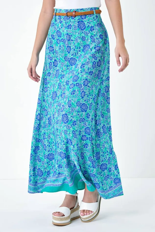 Women Green Floral Print Belted A Line Maxi Skirt Roman Skirts
