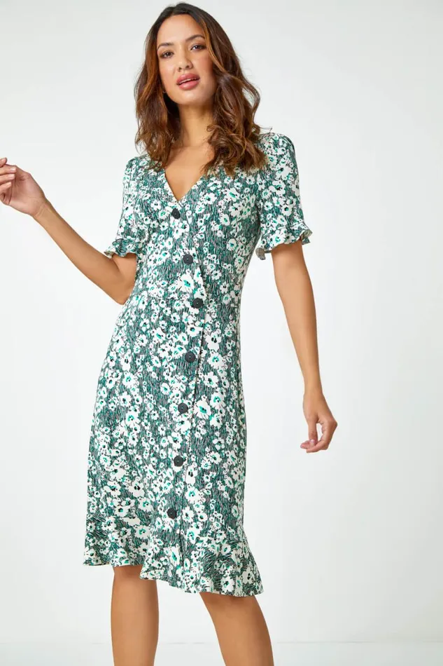 Women Green Floral Print Button Detail Tea Dress Roman Dresses