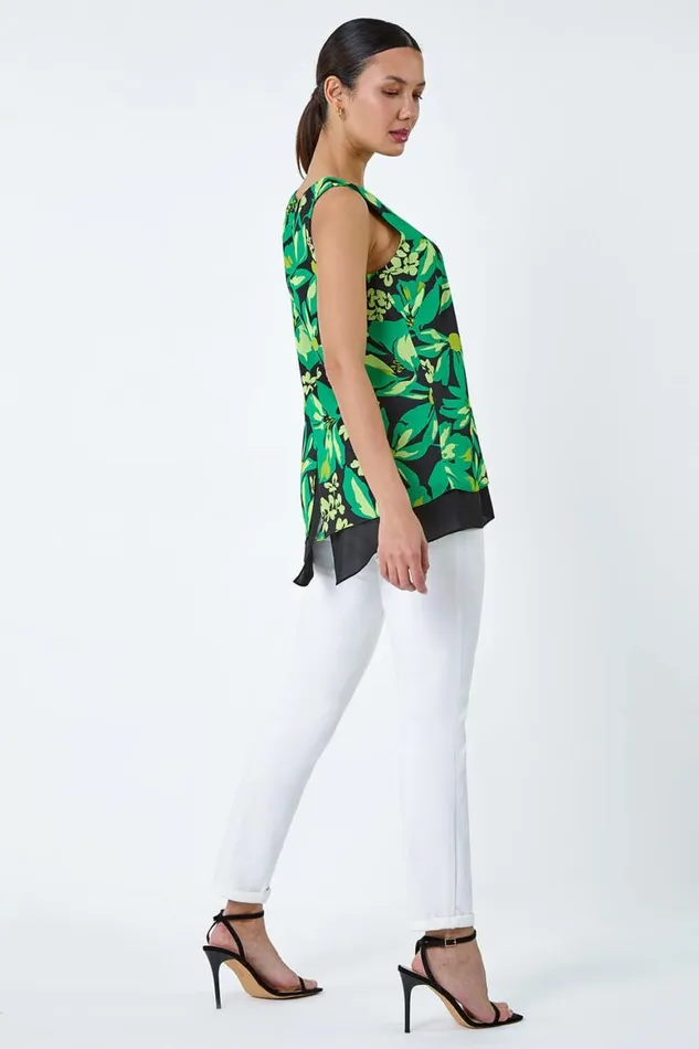 Women Green Floral Print VNeck Double Layer Vest Top Roman Tops