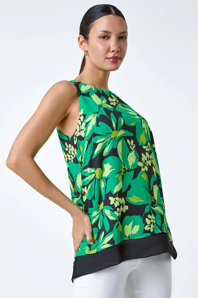 Women Green Floral Print VNeck Double Layer Vest Top Roman Tops