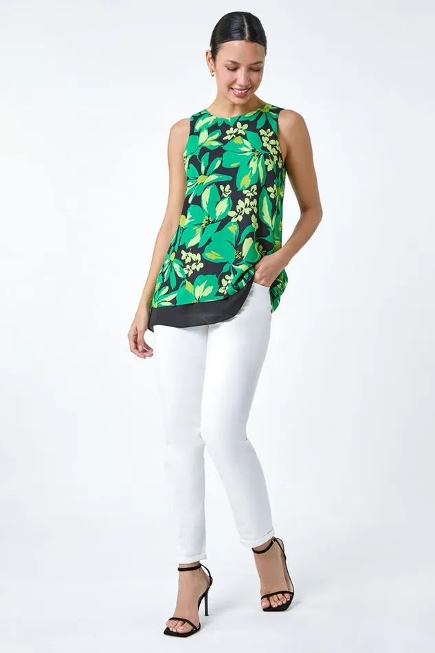 Women Green Floral Print VNeck Double Layer Vest Top Roman Tops