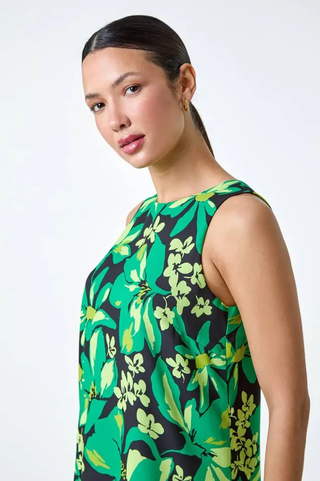 Women Green Floral Print VNeck Double Layer Vest Top Roman Tops
