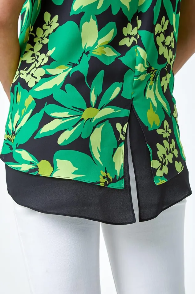 Women Green Floral Print VNeck Double Layer Vest Top Roman Tops