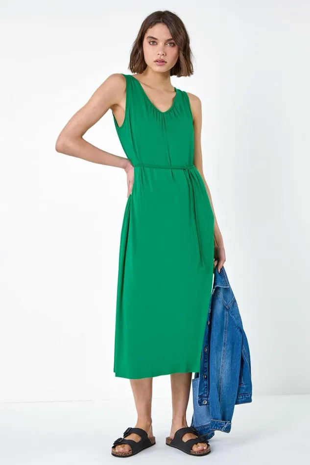 Women Green Gathered Tie Detail Stretch Midi Dress Roman Dresses