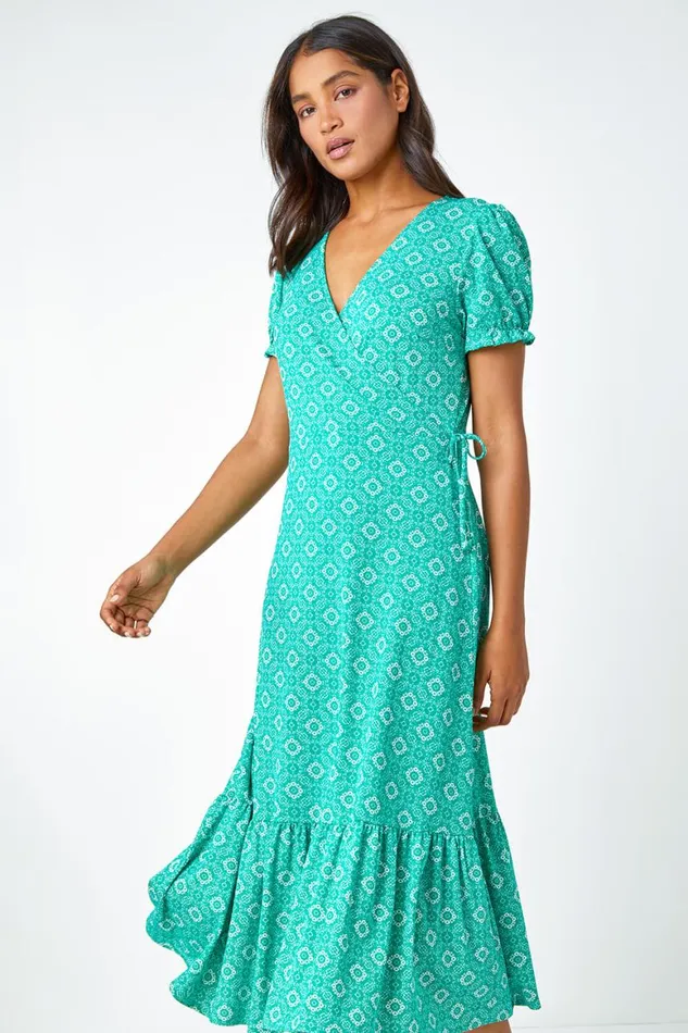 Women Green Geo Print Stretch Wrap Midi Dress Roman Occasionwear