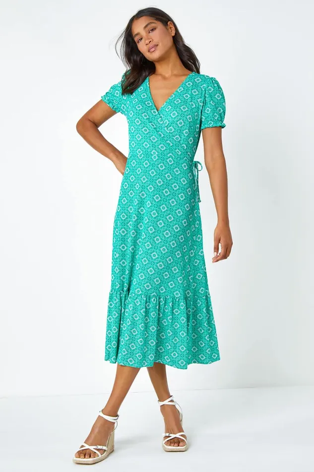 Women Green Geo Print Stretch Wrap Midi Dress Roman Occasionwear