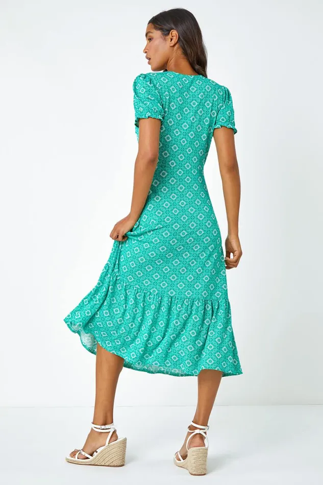 Women Green Geo Print Stretch Wrap Midi Dress Roman Occasionwear