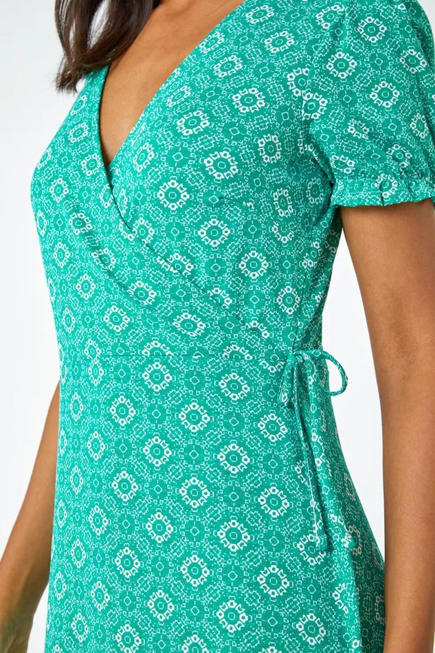 Women Green Geo Print Stretch Wrap Midi Dress Roman Occasionwear
