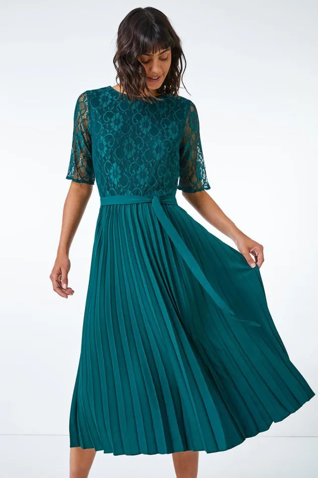 Women Green Lace Pleated Midi Dress Roman Dresses