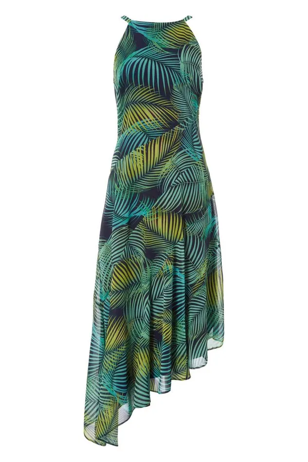 Women Green Leaf Print Halter Neck Midi Dress Roman Dresses