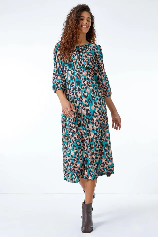 Women Green Leopard Print Midi Dress Roman Dresses