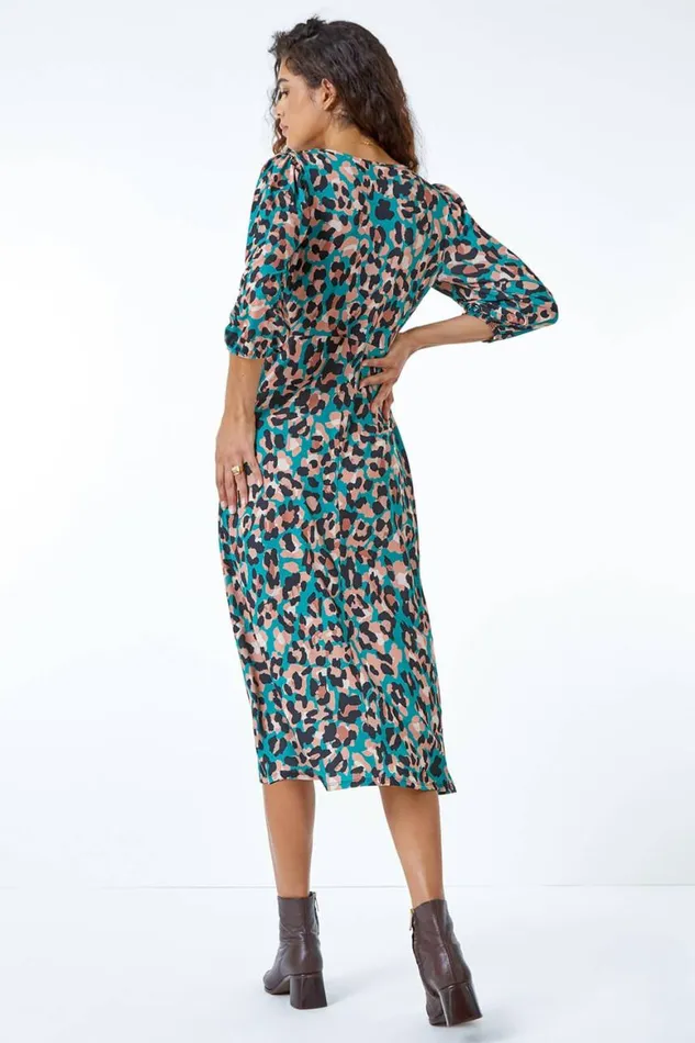 Women Green Leopard Print Midi Dress Roman Dresses