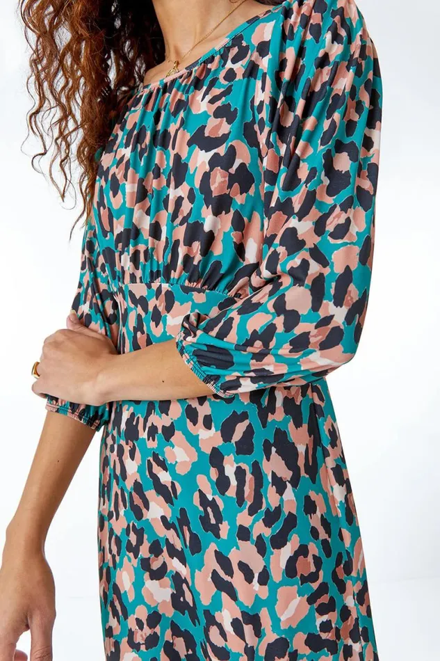 Women Green Leopard Print Midi Dress Roman Dresses