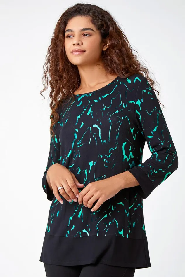 Women Green Marble Print Contrast Hem Stretch Top Roman Tops