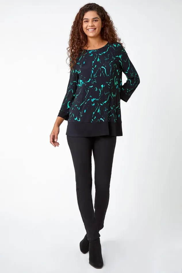 Women Green Marble Print Contrast Hem Stretch Top Roman Tops