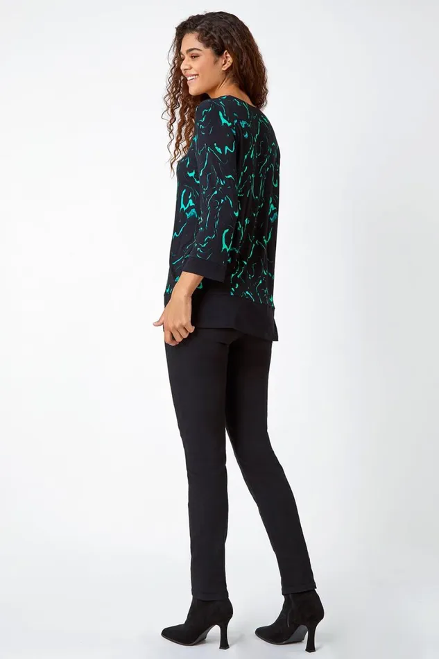 Women Green Marble Print Contrast Hem Stretch Top Roman Tops