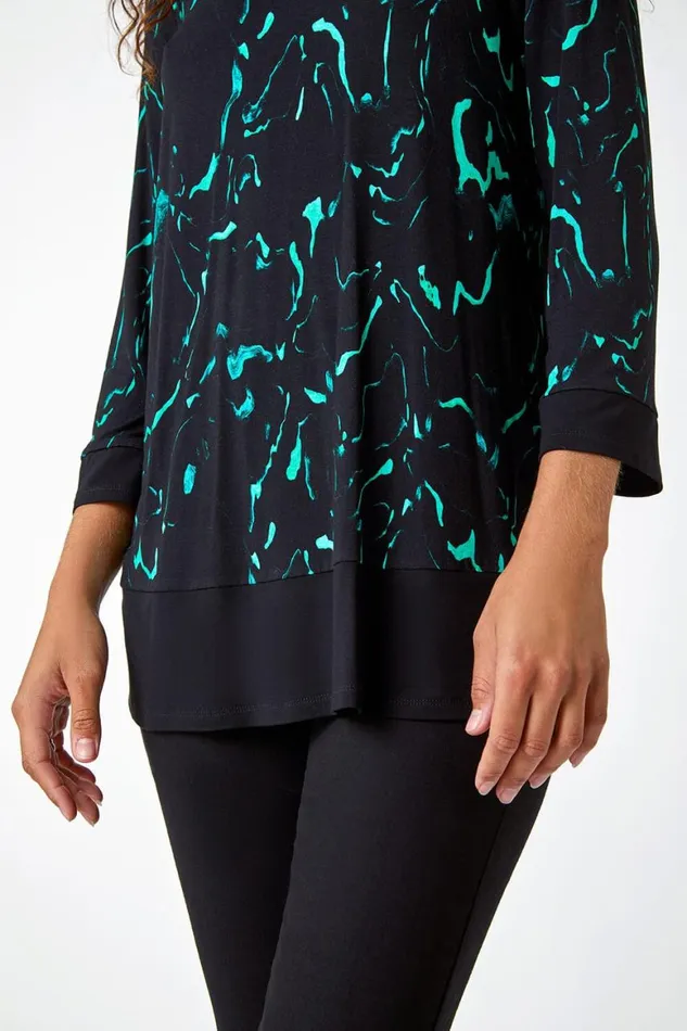 Women Green Marble Print Contrast Hem Stretch Top Roman Tops