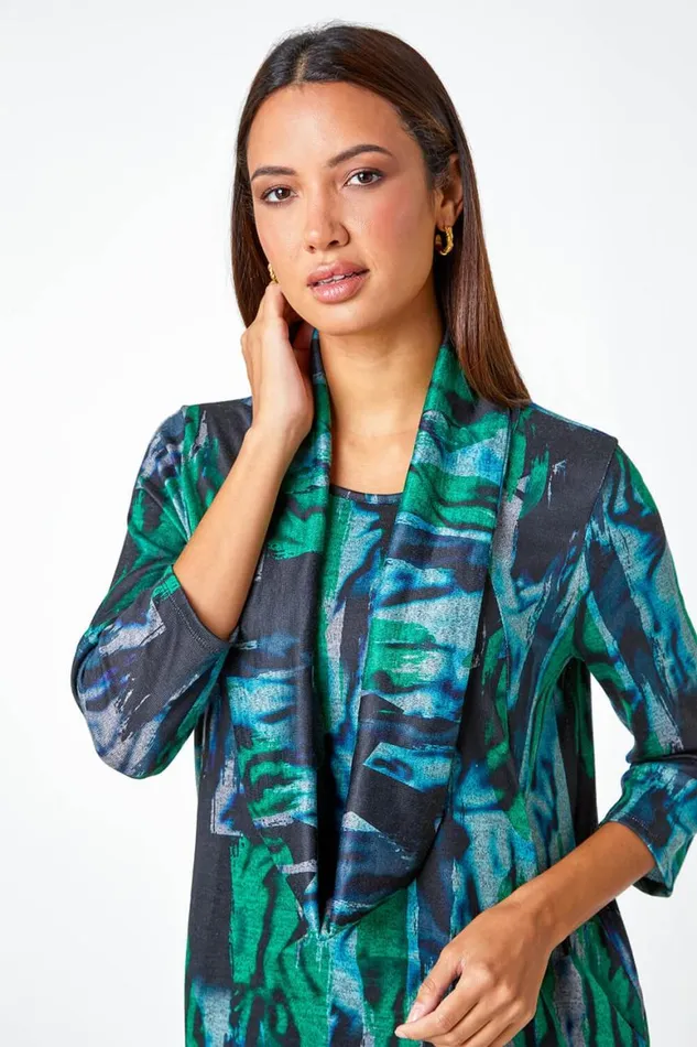 Women Green Marble Print Stretch Top With Snood Roman Tops