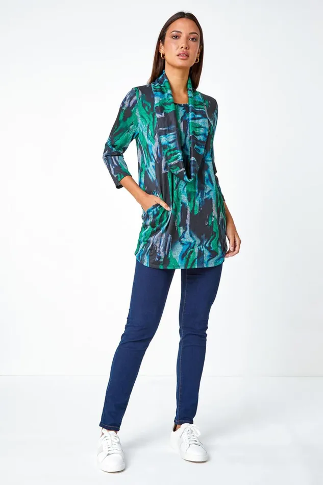 Women Green Marble Print Stretch Top With Snood Roman Tops