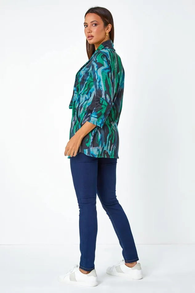 Women Green Marble Print Stretch Top With Snood Roman Tops