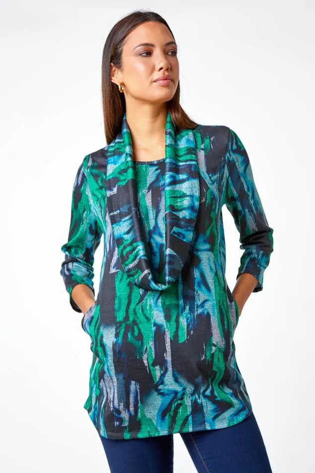 Women Green Marble Print Stretch Top With Snood Roman Tops
