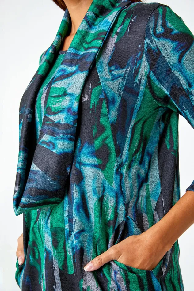 Women Green Marble Print Stretch Top With Snood Roman Tops