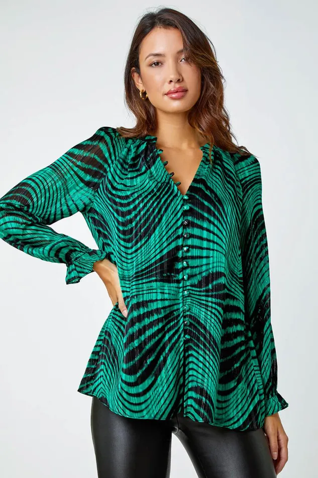 Women Green Metallic Print Chiffon Blouse Roman Tops