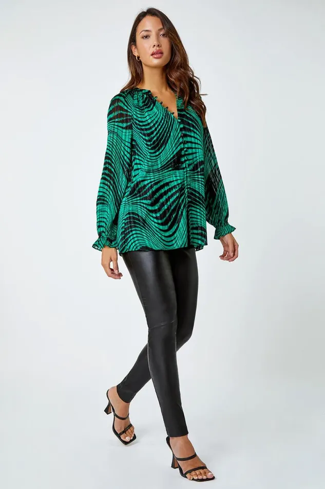 Women Green Metallic Print Chiffon Blouse Roman Tops