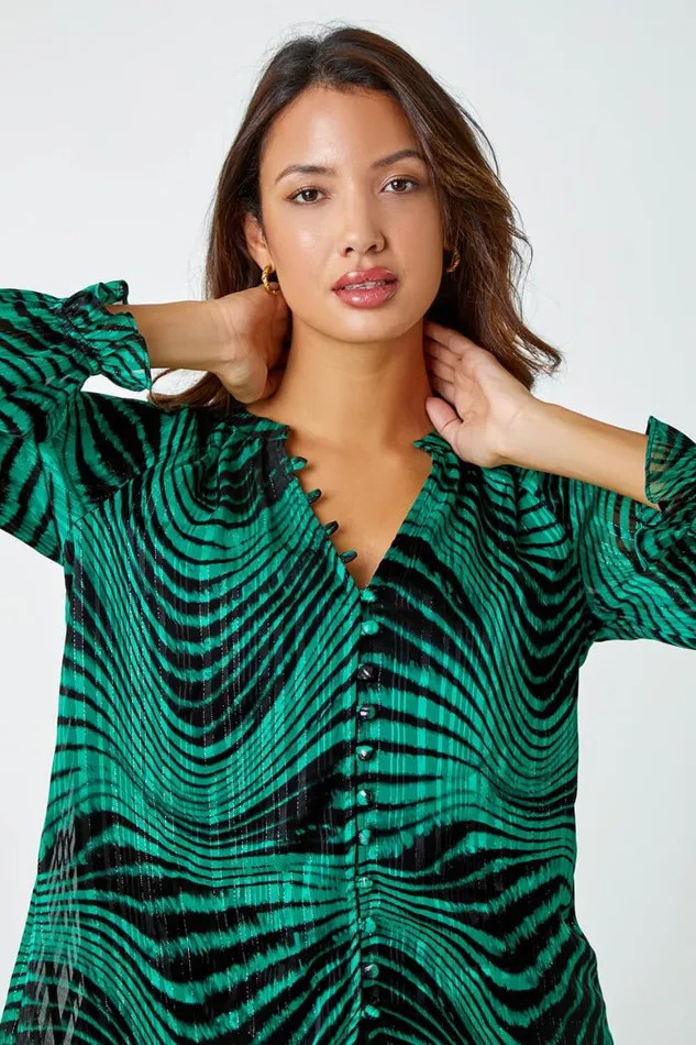 Women Green Metallic Print Chiffon Blouse Roman Tops