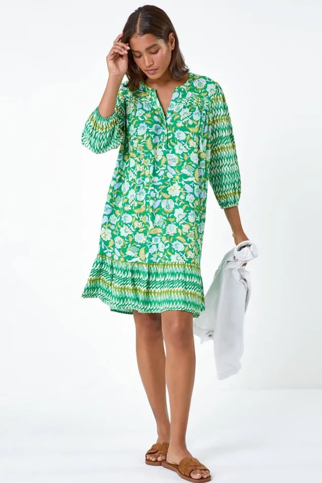 Women Green Paisley Border Print Smock Dress Roman Dresses