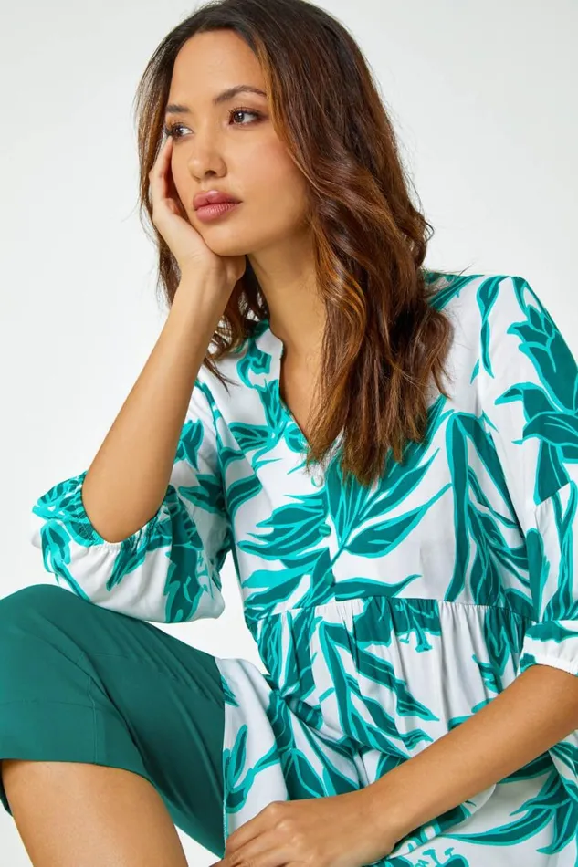 Women Green Palm Print VNeck Tunic Overshirt Roman Tops