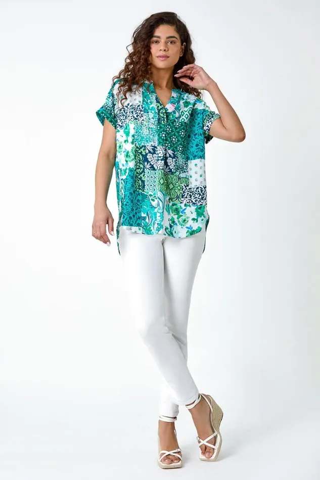 Women Green Patchwork Print Woven VNeck Pleat Front Top Roman Tops