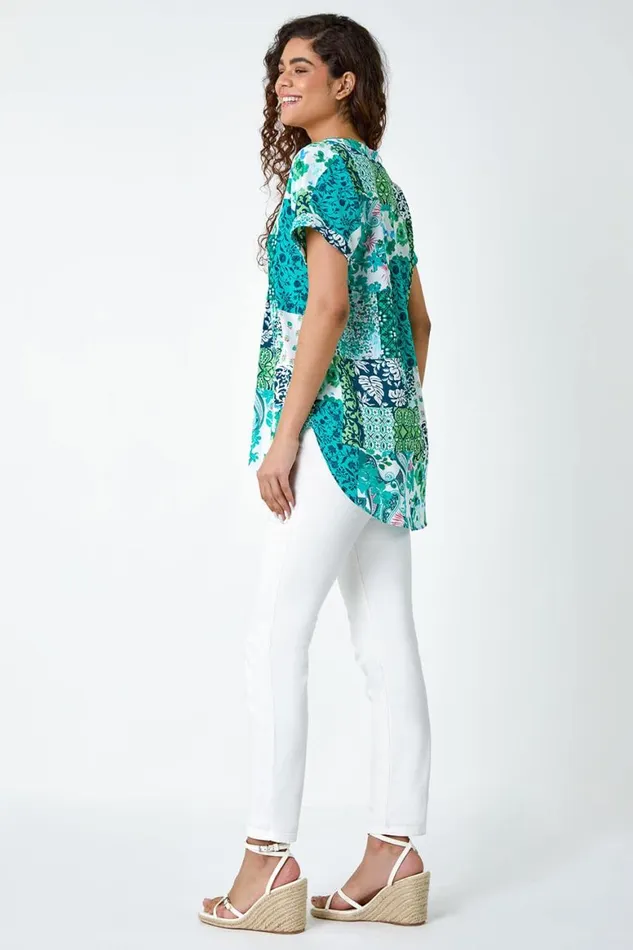 Women Green Patchwork Print Woven VNeck Pleat Front Top Roman Tops