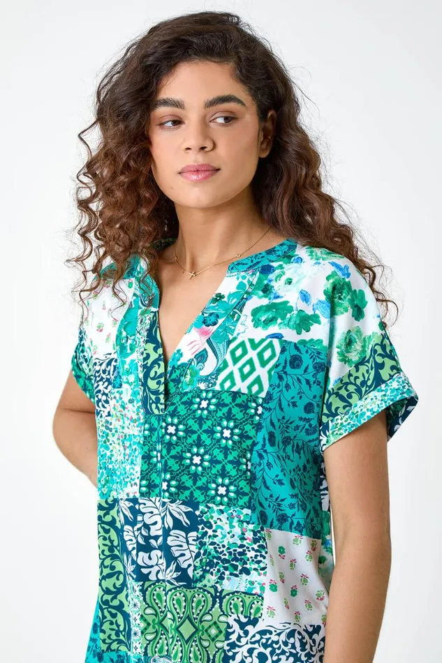 Women Green Patchwork Print Woven VNeck Pleat Front Top Roman Tops