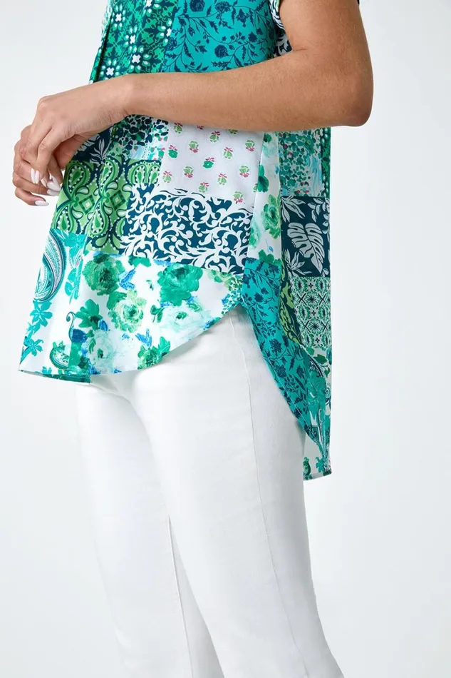 Women Green Patchwork Print Woven VNeck Pleat Front Top Roman Tops