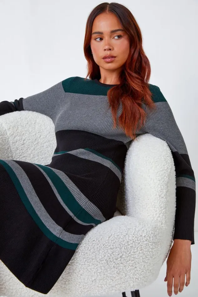 Women Green Petite Stripe Stretch Knit Dress Roman Dresses