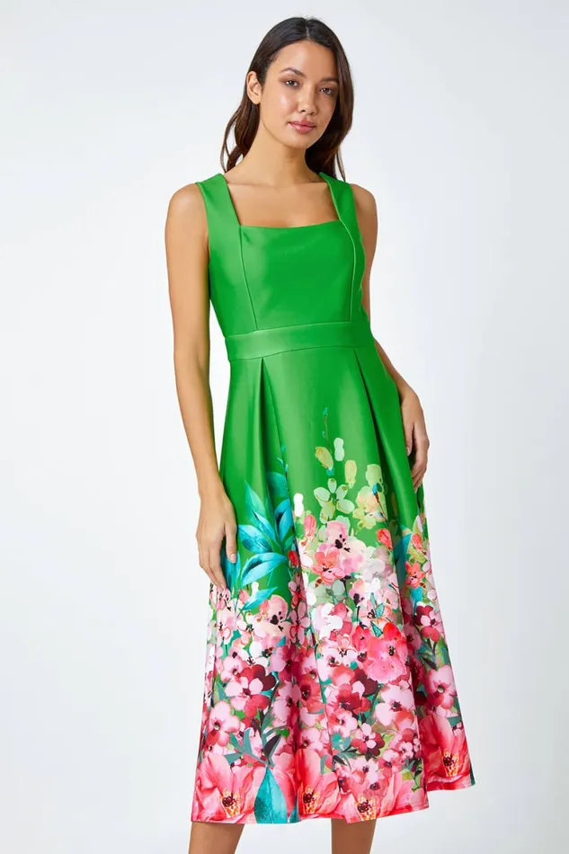 Women Green Premium Stretch Floral Midi Dress Roman Dresses