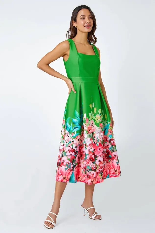 Women Green Premium Stretch Floral Midi Dress Roman Dresses