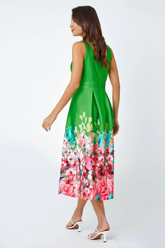 Women Green Premium Stretch Floral Midi Dress Roman Dresses