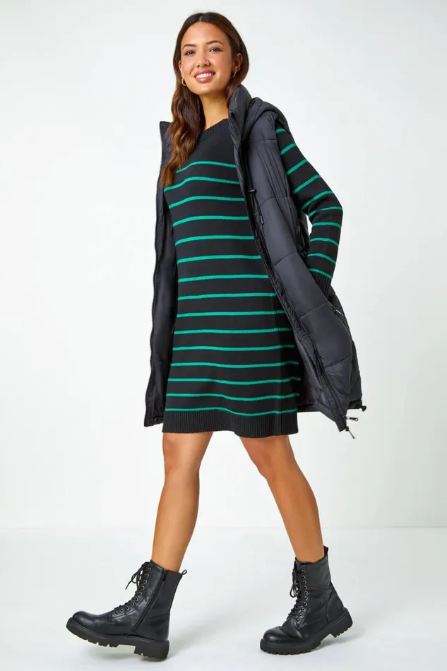 Women Green Stripe Print Knitted Jumper Dress Roman Dresses