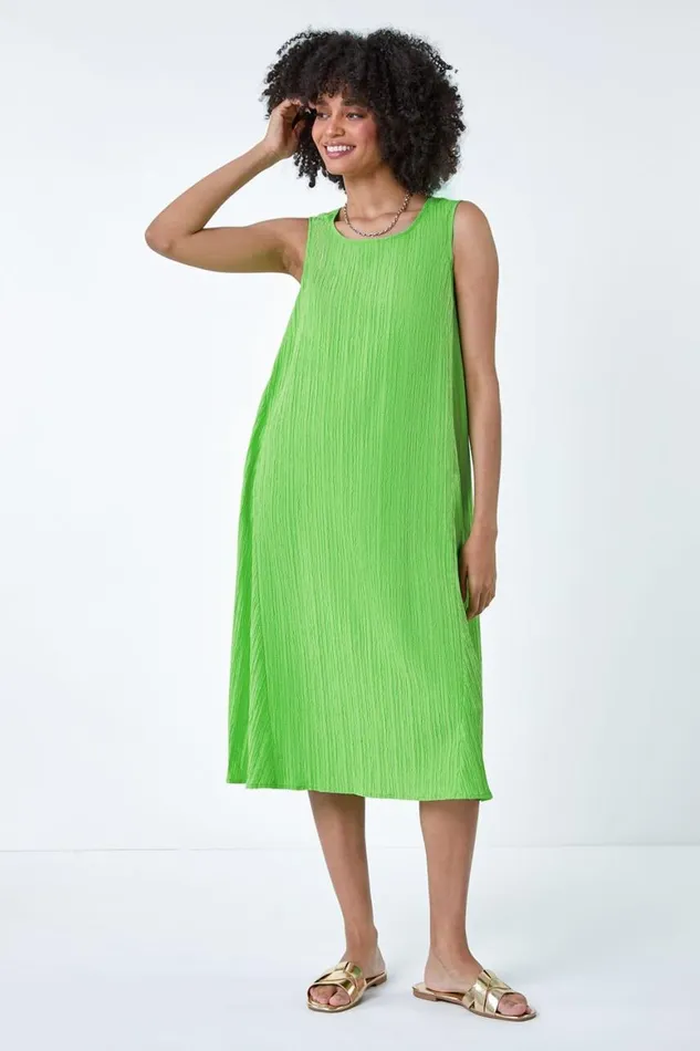 Women Green Textured Sleeveless Midi Dress Roman Dresses