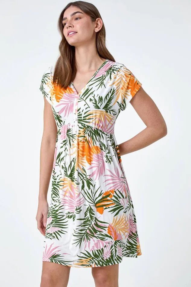 Women Green Tropical Floral Gathered Stretch Dress Roman Dresses