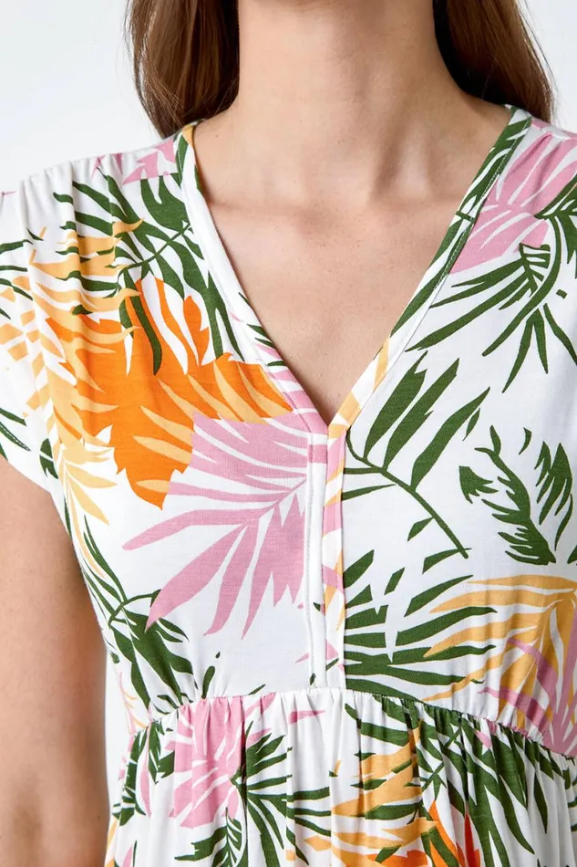 Women Green Tropical Floral Gathered Stretch Dress Roman Dresses