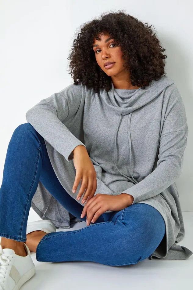 Women Grey Curve Cowl Neck Relaxed Stretch Tunic Top Roman Tops